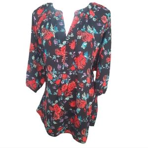 Jessica London crew notched v-neck quarter button-up flowered blouse size 22